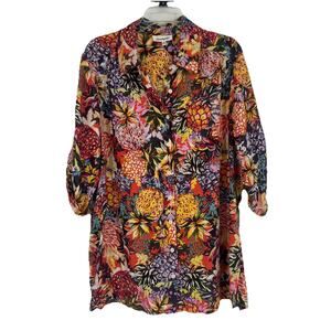 Serengeti Boho Colorful Button Up Shirt Pineapple Print Roll Tab Sleeves Size 1X